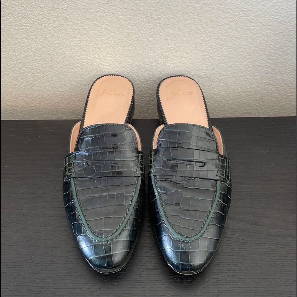 Used J. Crew Dark Green Crocodile Embossed Academy Mules Loafer
